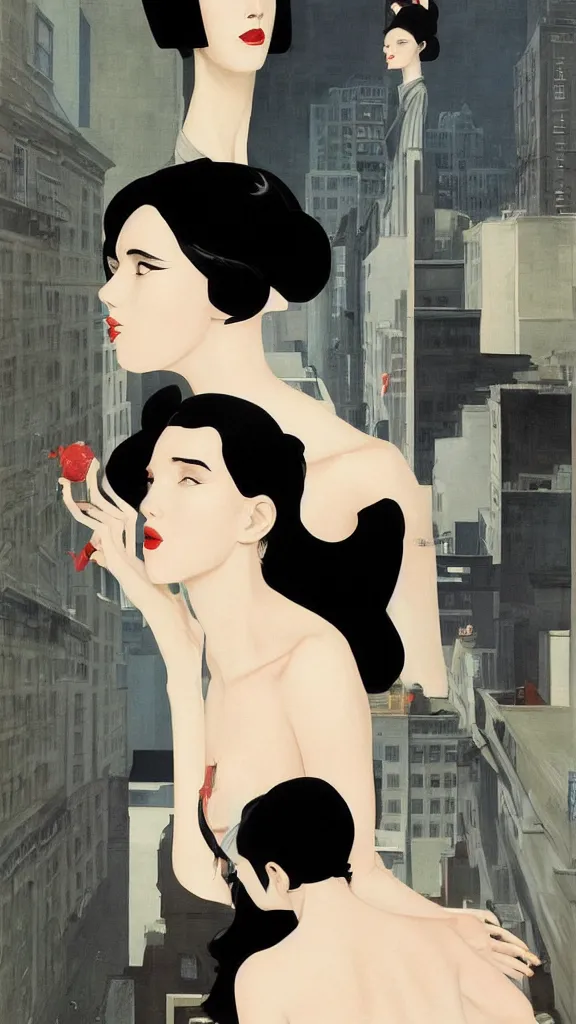 Image similar to a tall and beautiful pale woman with very black hair with a crown on her head walk in the streets of new york circa 1 9 8 4 edward hopper and james gilleard, surreal, open ceiling, highly detailed, airbrush, ilya kuvshinov, wlop, stanley artgerm, very coherent, art by takato yamamoto and james jean