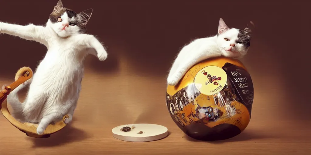 Prompt: a cat playing the fiddle and dancing on top of a round ball made of Swiss cheese, in the style of an award winning photo