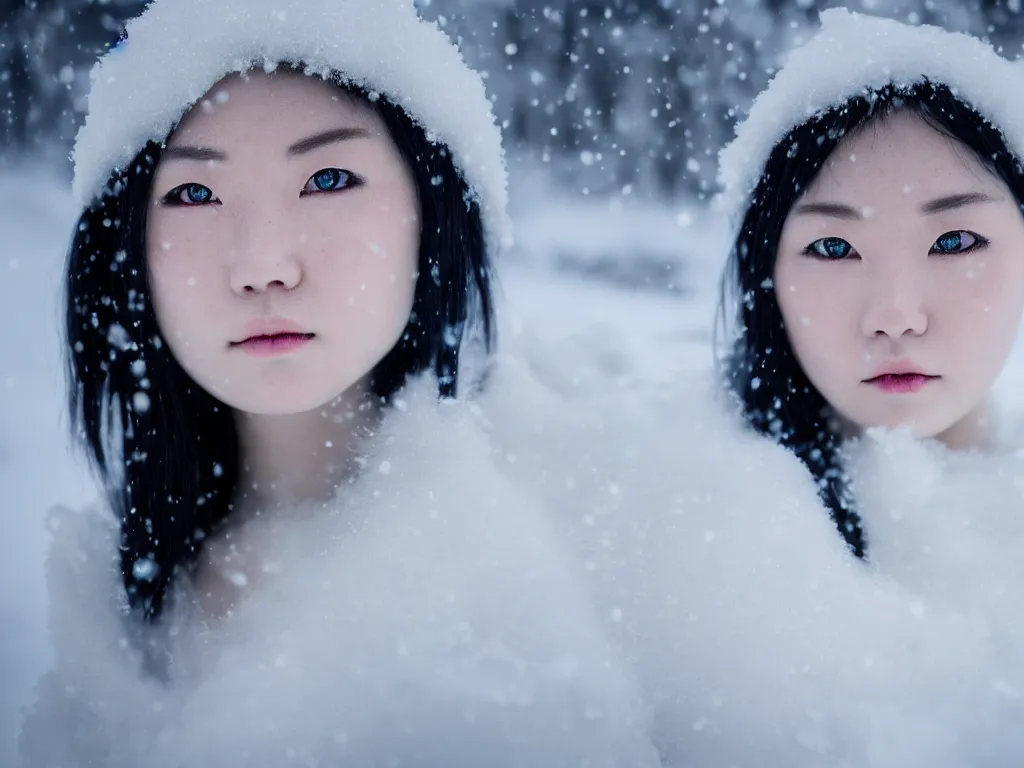 Image similar to the piercing stare of yuki onna, snowstorm, blizzard, mountain snow, canon eos r 6, bokeh, outline glow, asymmetric beauty, blue skin