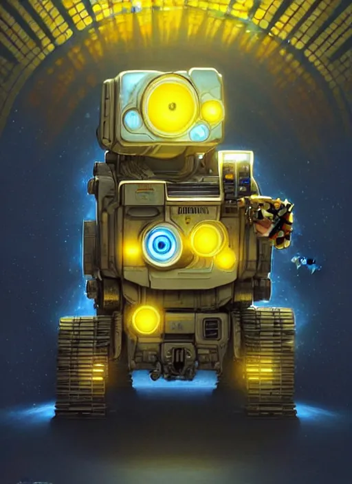 Prompt: wall - e, sci - fi, blue and yellow glowing lights, intricate, elegant, highly detailed, digital painting, artstation, concept art, smooth, sharp focus, illustration, art by artgerm and greg rutkowski and alphonse mucha