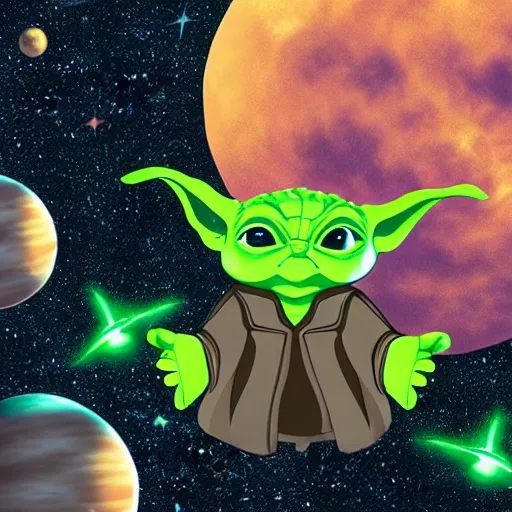 Image similar to baby yoda floating in space, stars in background, cinematic, highly detailed, realistic