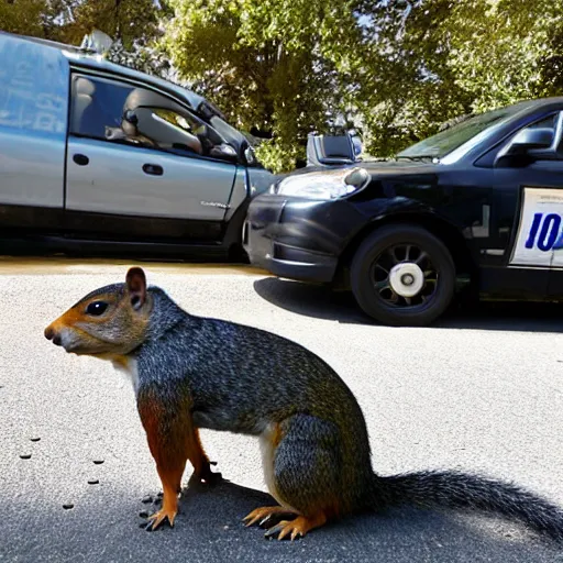 Image similar to a dog-cop ticketing a squirrel with a fine for speeding