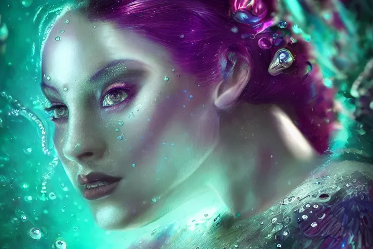 Prompt: tom bagshaw inspired, ultra realist portrait waves miniaturesdiamonds and rubies gems underwater curiosities reflections and refractions carnival, a single very beautiful enchantress in full underwater armor, symmetry accurate features, focus, very intricate ultrafine details, green purple aqua volumetric lights, award winning masterpiece, octane render 8 k hd
