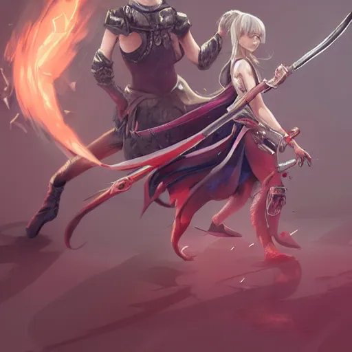 Prompt: a girl wielding a sword fights with a dragon,artstation