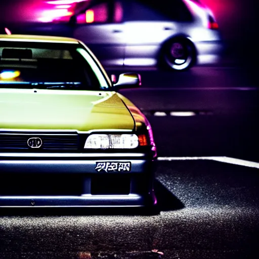 Image similar to a car JZX100 at illegal car meet, Shibuya prefecture, city midnight mist, cinematic color, photorealistic, highly detailed, 200MM