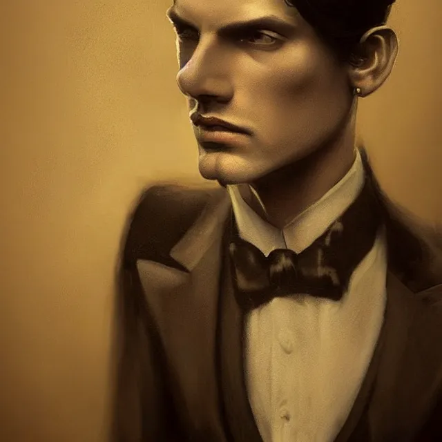 Prompt: photorealistic sepia full - head portrait of a 1 9 2 0 s era smirking male occultist, well dressed, long - tailed tuxedo coat, atmospheric lighting, dark, brooding, painted, intricate by tom bagshaw, ultra detailed, well composed, best on artstation, cgsociety, epic, stunning, gorgeous, intricate detail, much wow, masterpiece