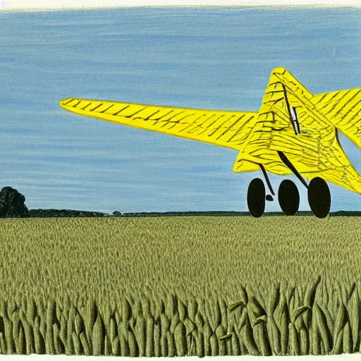 Prompt: a yellow biplane flying low over a wheat field, by eric ravilious