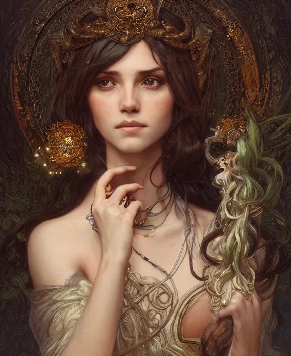 Prompt: portrait of a beautiful goddess, soft hair, half body, medieval, ornate, hairy, d & d, fantasy, intricate, elegant, highly detailed, digital painting, artstation, concept art, smooth, sharp focus, illustration, art by artgerm and greg rutkowski and alphonse mucha