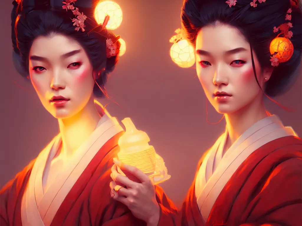 Image similar to pretty geisha, d & d digital painting, ultra realistic, beautiful, volumetric lighting, warm colors advance, cell shading, by james jean, greg rutkowski, wlop