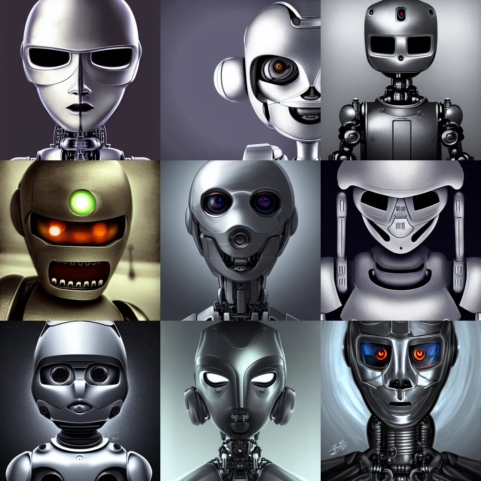 Prompt: Concept Digital Art Highly detailed Art Cute neutral Robot portrait with chrome and silver padding by Stephen Artist, mysterious background and dark fog, mysterious gaze, humanoid portrait
