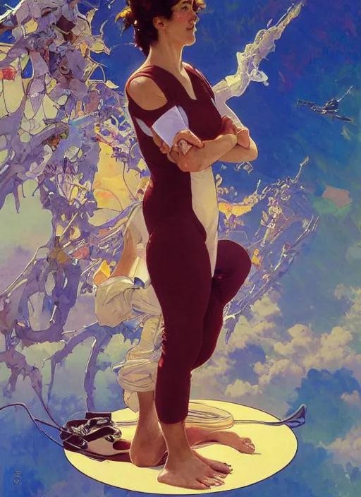 Prompt: an art nouveau copic maker poster of a person doing hatha yoga wearing an evangelion pilot suit designed by balenciaga by john berkey by stanley artgerm lau, greg rutkowski, thomas kinkade, alphonse mucha, loish, norman rockwell