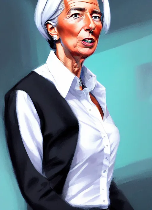 Image similar to a ultradetailed beautiful panting of christine lagarde wearing a stylish shirt with a tie, she has black hair, dancing, background explosion, by jesper ejsing, ilya kuvshinov, greg rutkowski on artstation