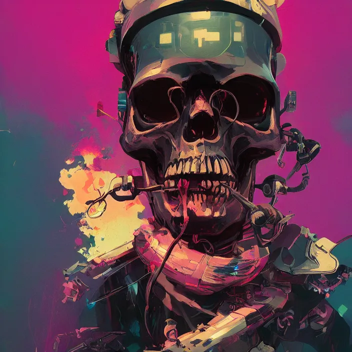 Image similar to a colorful comic noir illustration painting of a cyberpunk skull by sachin teng and sergey kolesov and ruan jia and pascal blanche. in style of digital art, symmetry, sci fi, hyper detailed. octane render. trending on artstation