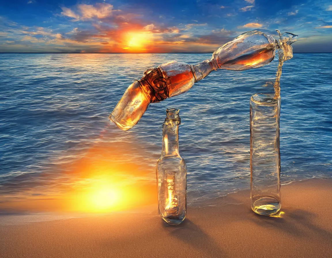 Prompt: 3 d rendering of message in the bottle washed ashore, beach island with one exotic palm tree, sunset lighting