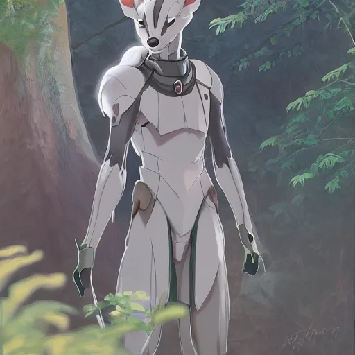 Image similar to concept art painting of an anthropomorphic anime gray fox wearing a tunic, in the deep forest, realistic, detailed, cel shaded, in the style of makoto shinkai and greg rutkowski and james gurney