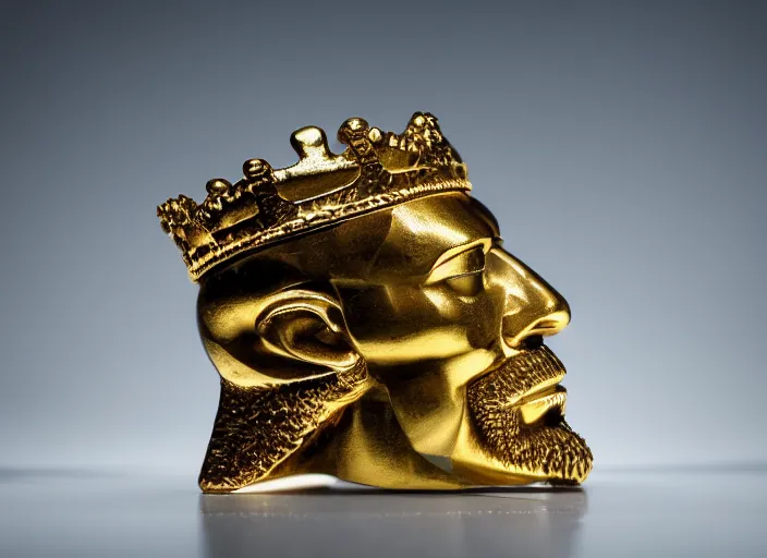 Prompt: a macro photo still of a king head shaped gemstone in the shape of a king head shaped like a kings head, 8 k studio lighting, key light, back lighting