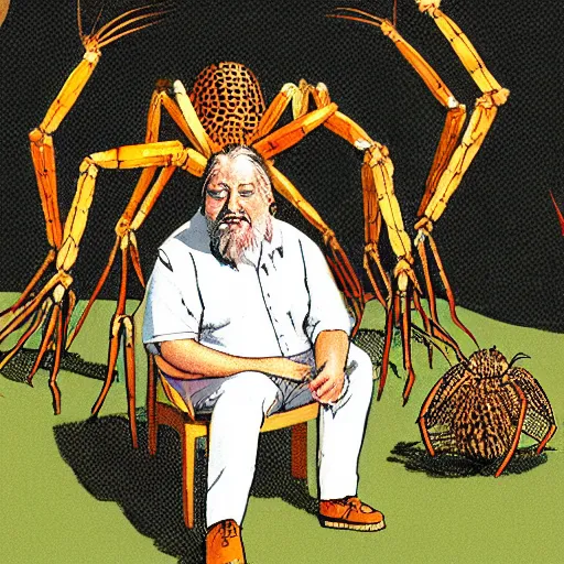 Prompt: robert wyatt sitting alongside giant spiders, illustration by robert wyatt