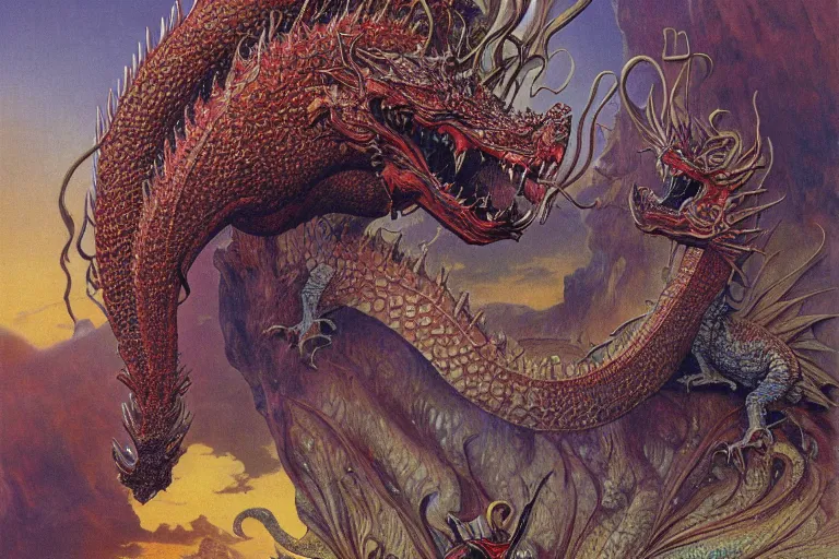 Image similar to oil painting, super - detailed scene of two headed dragon where one head is donald trump and the other is vladimir putin, japanese sci - fi books art, artwork by jean giraud and zdzislaw beksinski and alphonse mucha and hr giger, hd, 4 k, high quality