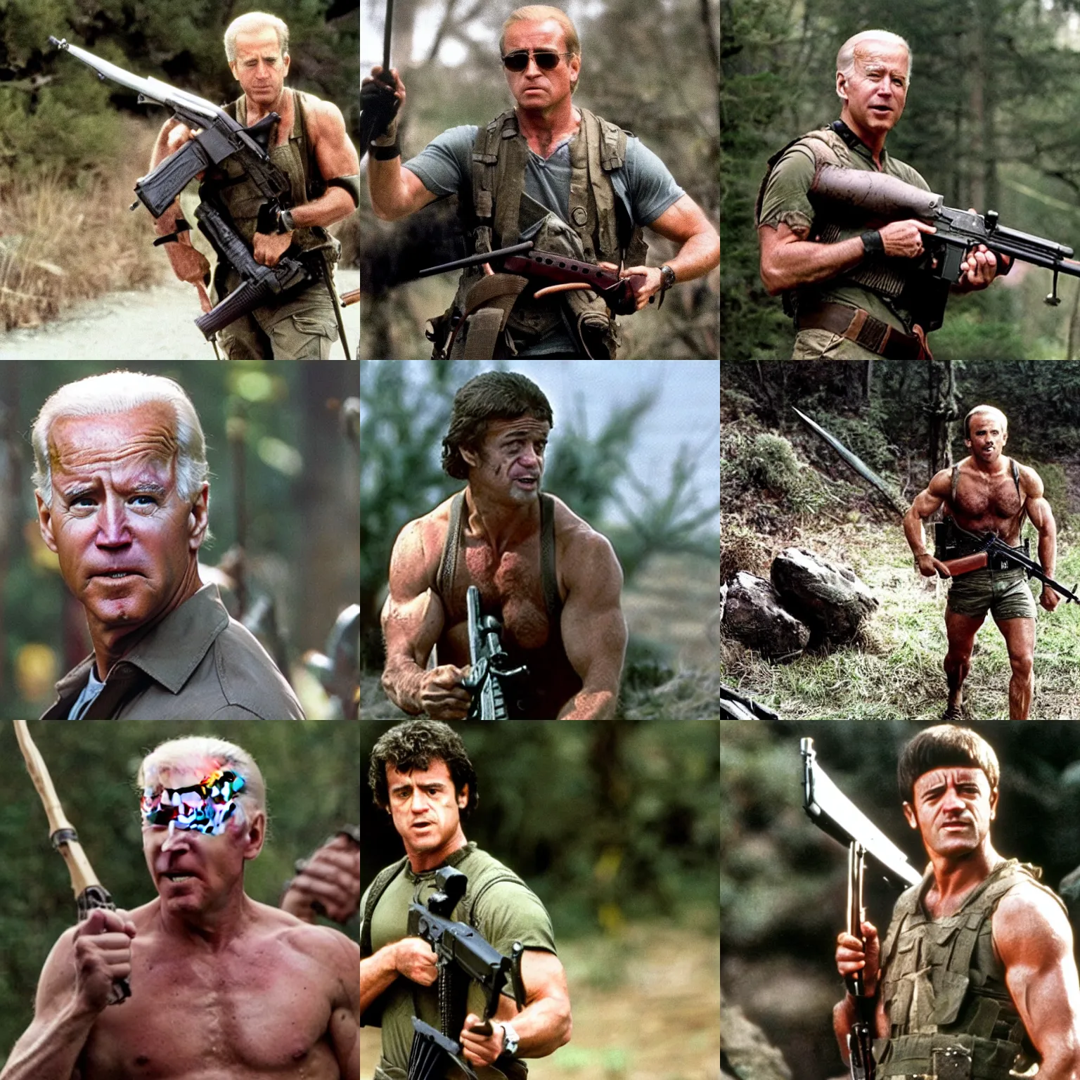 Prompt: A still of Joe Biden as Rambo in Rambo First Blood