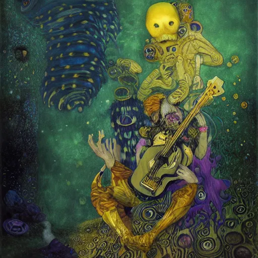 Image similar to wetplate photography of yellow jester playing mystical tunes underwater with one wing hungry souls around by Klimt, Artificial Nightmares drawn by Peter Mohrbacher, Zdzisław Beksiński and thu berchs James Gurney unreal engine octane, Trending on artstation.