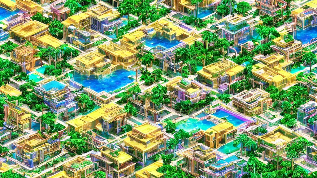 Prompt: golden village in a vaporwave jungle, 4k, ultra realistic, award winning photograph