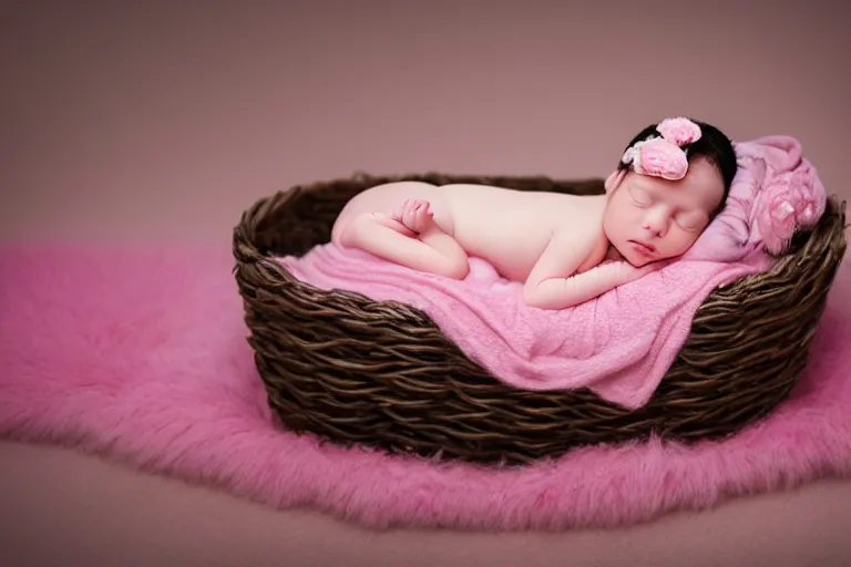 Prompt: beautiful sleeping newborn human baby girl wrapped in pink blanket inside a wooden basket on top of flowers and a furry pink carpet, newborn photography style, photographic, ultra realistic, highly detailed, octane render