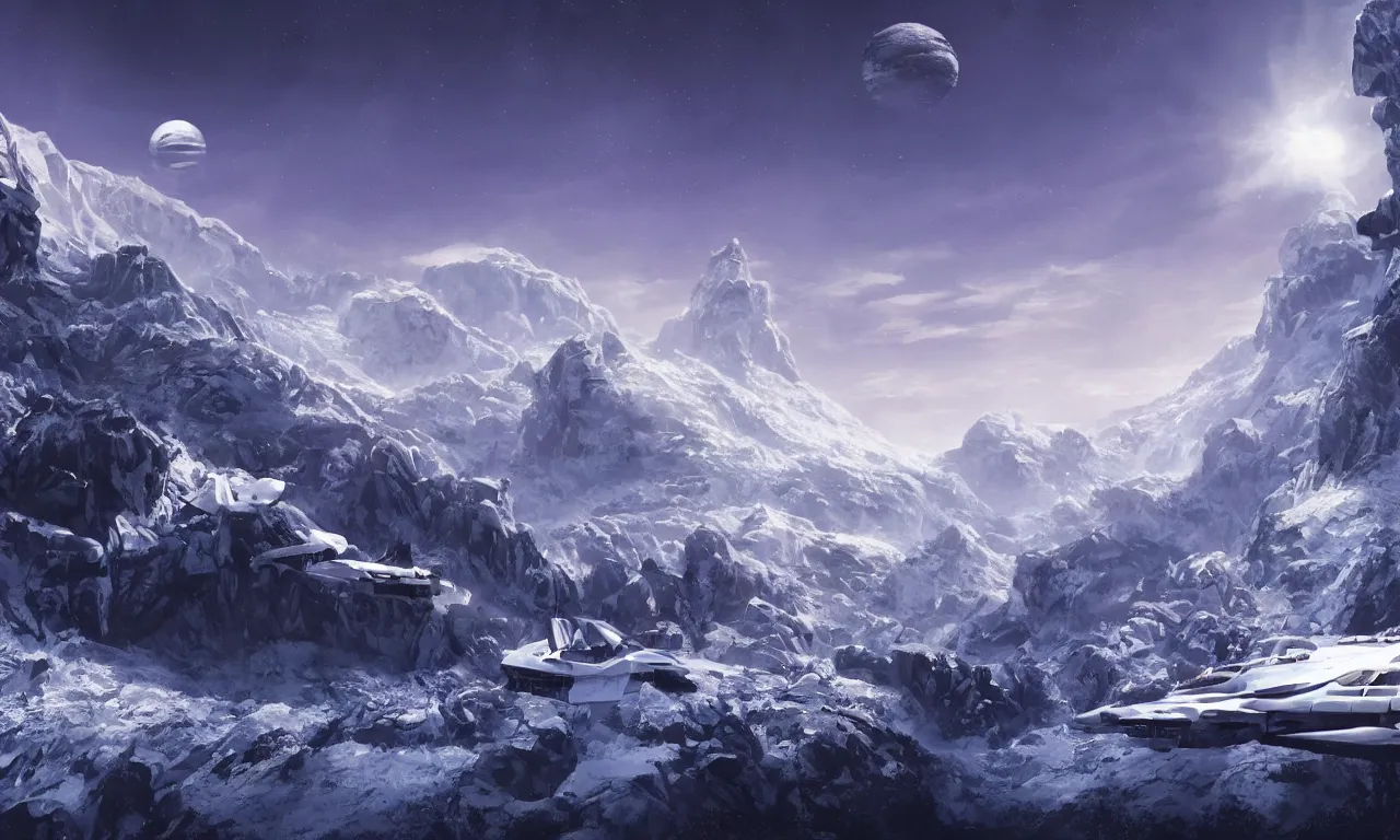 Image similar to frozen planet with mountains in clouds on the background, ravine in front, science-fiction, cinematic lighting, cinematic angle, Syd Mead, Federico Pelat, daylight, blue sky, spaceship in the sky