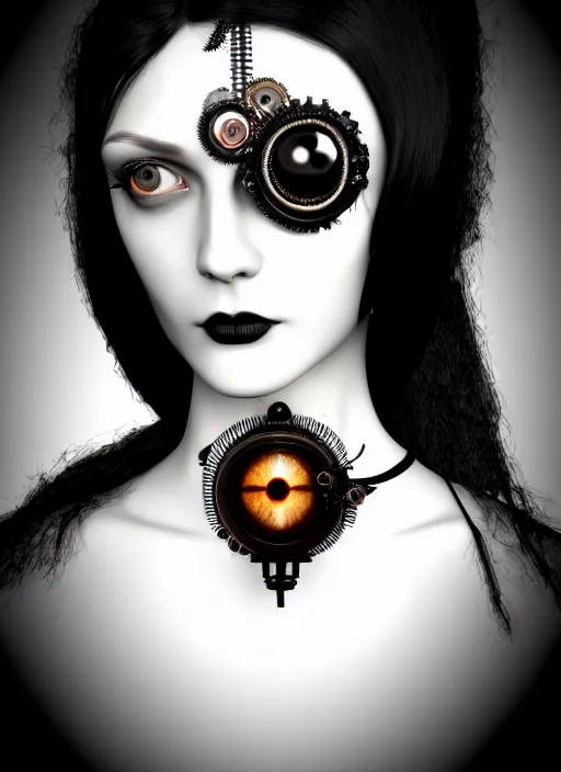 Prompt: 1 9 3 0 black and white gothic masterpiece profile face portrait, one steampunk eye biomechanical beautiful young female cyborg - vampire, body meshes, big monocular, volumetric light, hibiscus flowers, by hg giger, rim light, big gothic fashion pearl embroidered collar, 8 k