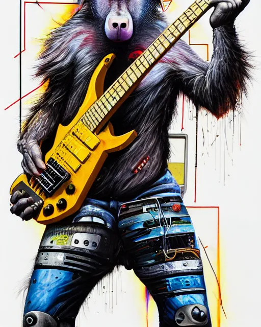 Image similar to a portrait of an anthropomorphic cyberpunk baboon shredding an electric guitar by sandra chevrier, by jon foster, detailed render, tape deck, epic composition, cybernetics, 4 k realistic, cryengine, realistic shaded lighting, sharp focus, masterpiece, by enki bilal