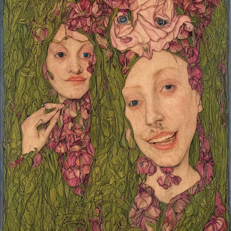 Prompt: a grinning girl with her skin tattood with plant patterns, her face looks like an orchid, she is the center of the garden, jan van eyck, ernst fuchs, egon schiele, trending on artstation, 8 k, award winning