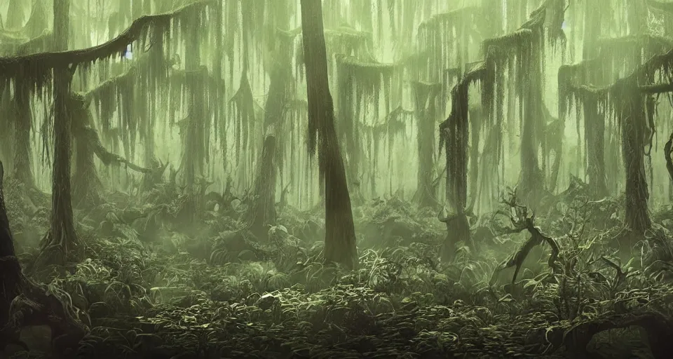 Image similar to A dense and dark enchanted forest with a swamp, from Kenshin