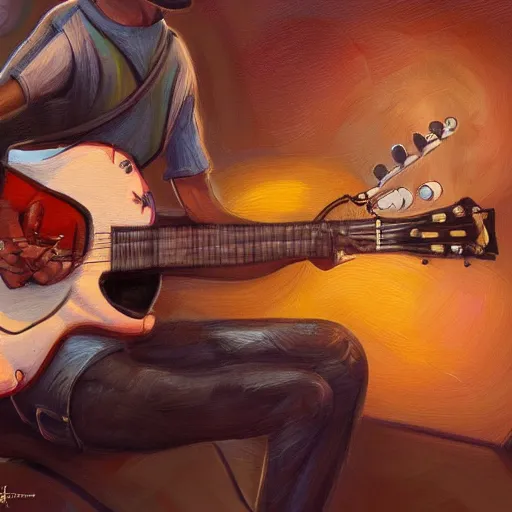 Image similar to A hyperdetailed digital oil painting of A rabbit is playing the guitar,cartoon, Trending on ArtStation and DeviantArt