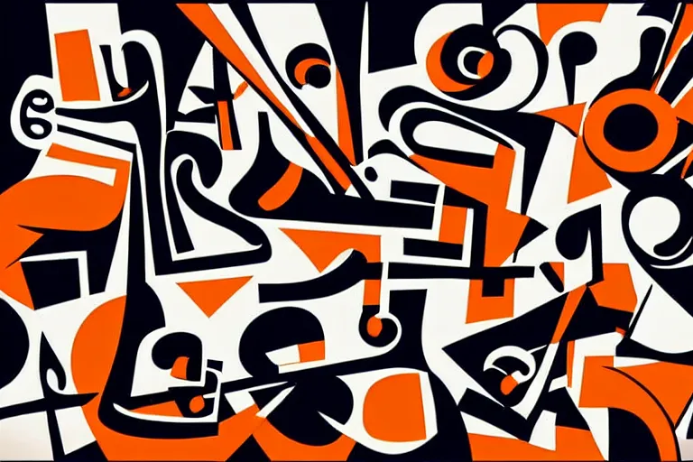 Image similar to Stylized abstract art of jazz musicians playing along with musical notes in the style of Stuart Davis