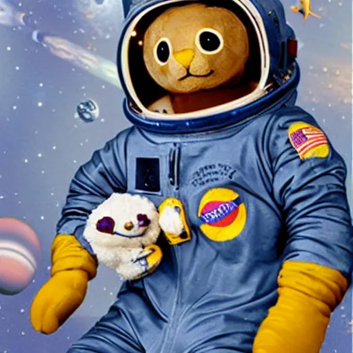 Image similar to TY Beanie Baby animals dress up in space suits and play on the James Webb Telescope in space.