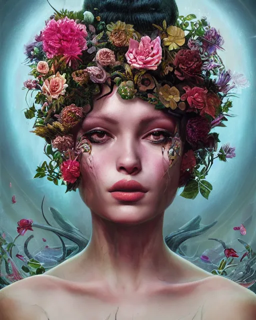 Image similar to portrait of the mulatto queen of the underworld, surrounded by flowers by karol bak, james jean, tom bagshaw, rococo, sharp focus, trending on artstation, cinematic lighting, hyper realism, octane render, 8 k, hyper detailed.