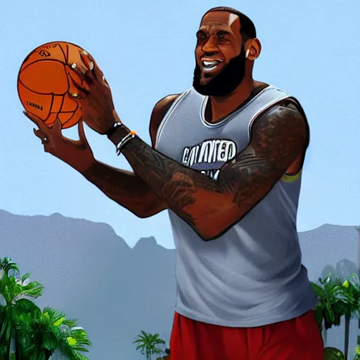 Prompt: happy lebron james wearing a plain tshirt, gta v cover art, art by stephen bliss, matte painting