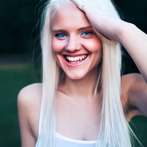 Image similar to beautiful selfie of a cute thin young woman smiling smugly, long light platinum blonde hair, flushed face, small heart - shaped face, cute freckles, light blue eyes, golden hour, 8 k, instagram