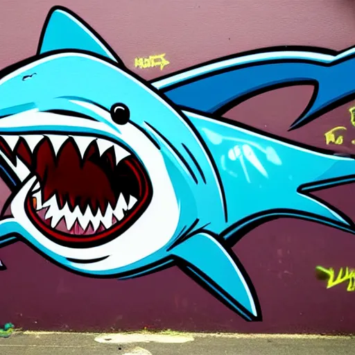 Prompt: an angry cartoony shark, graffiti on a wall, highly detailed