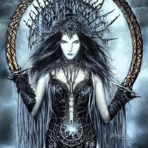 Image similar to dark beautiful sorceress casting an illusion spell by luis royo, full body shot, perfect symmetrical body, perfect symmetrical face, coherent symmetrical eyes,