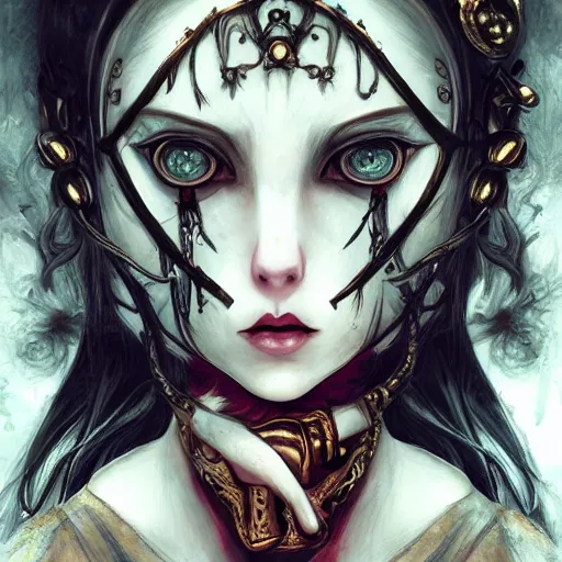 Image similar to portrait of alice, alice madness returns, baroque style, elegant, beautiful, mesmerizing, concept art, fancy clothing, highly detailed, artstation, behance, deviantart, inspired by innocent manga, inspired by castlevania concept art, trending, ayami kojima, shinichi sakamoto