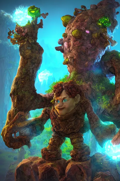 Image similar to arcane fantasy art giant golem elemental wood rock bastion forged gemstone enchanted forest troll, global illumination ray tracing hdr fanart arstation by sung choi and eric pfeiffer and gabriel garza and casper konefal lisa frank zbrush central hardmesh