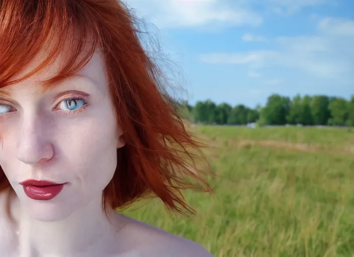 Prompt: close up portrait photograph of a anesthetic beautiful!!! thin young redhead woman with russian descent, sunbathed skin, with deep blue (round!!! (Symmetrical!!! eyes)) . Wavy long maroon colored hair. she looks directly at the camera. Slightly open mouth, face takes up half of the photo. a park visible in the background. 55mm nikon. Intricate. Very detailed 8k texture. Sharp. Cinematic post-processing. Award winning portrait photography. Sharp eyes.