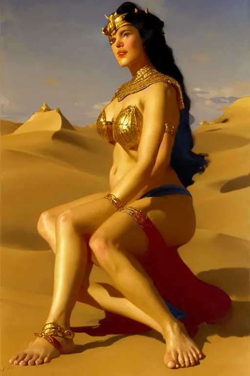 Prompt: young dejah thoris wearing tight gold armor, sitting, aesthetic pose, with naked beautiful feet with blue pedicure, copious gold jewelry, sand dunes to the horizon, late afternoon, fantasy, oil painting on canvas, by sargent and leyendecker