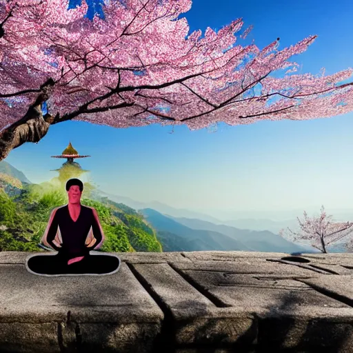 Prompt: a monk practicing yoga in front of a Tibetean monastery on top of a mountain , under a cherry blossom tree, steampunk, detailed digital art