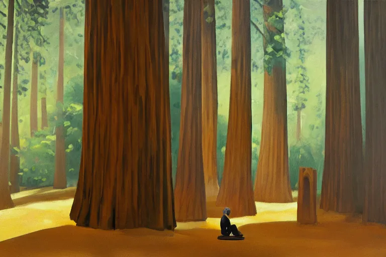 Prompt: a small figure of a man sitting under a large number of giant sequoia tress, tranquil, silent, solemn, oil painting, ethereal, minimalist