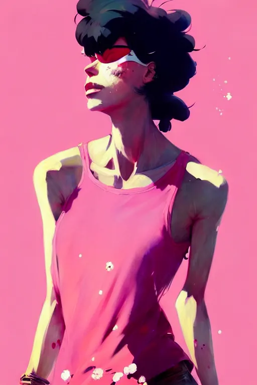 Image similar to a ultradetailed beautiful painting of a stylish woman in a pink tank top, by conrad roset, greg rutkowski and makoto shinkai trending on artstation