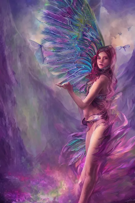 Prompt: wonderland dreamscape faeries lady feather wing digital art painting fantasy bloom snyder zack and swanland raymond and pennington bruce illustration character design concept atmospheric lighting butterfly