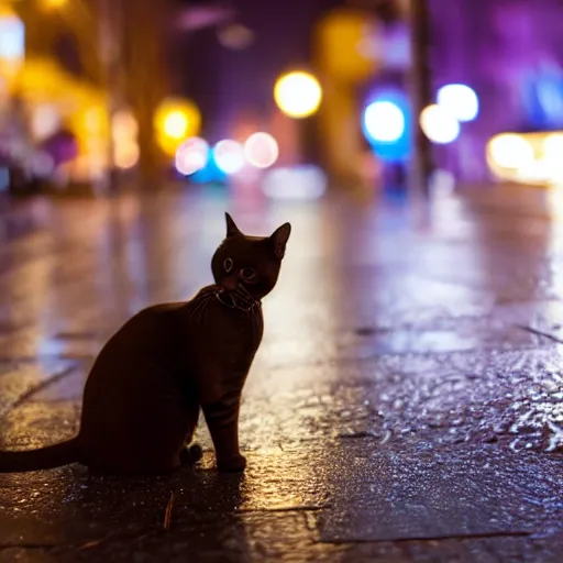 Prompt: Cat sitting on wet street corner, night, high detail, 4k