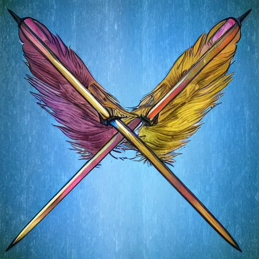 Image similar to medieval weapon, long spear with feathered wings on the tip, prismatic, multi colored feathers, anime style, white background, full body shot