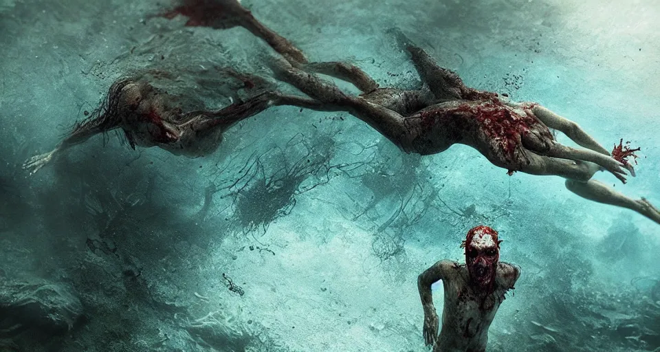 Prompt: highly detailed full body portrait of a zombie swimming underwater in a zombie - apocalypse, in a swimming pool, by greg rutkowski, octane render